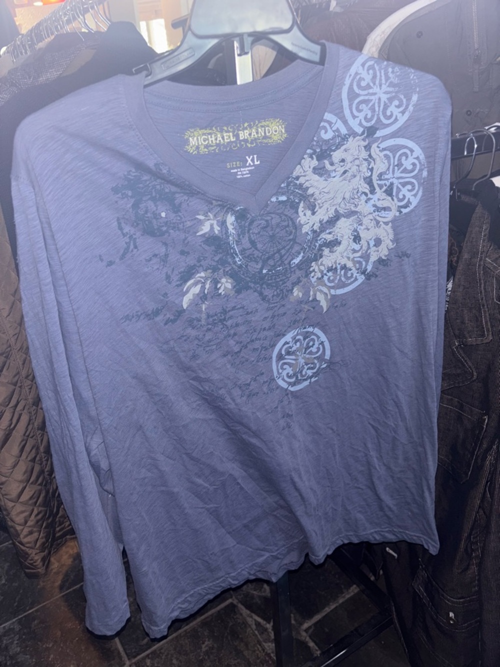 Michael Brandon Blue Long Sleeve V-Neck Graphic Shirt